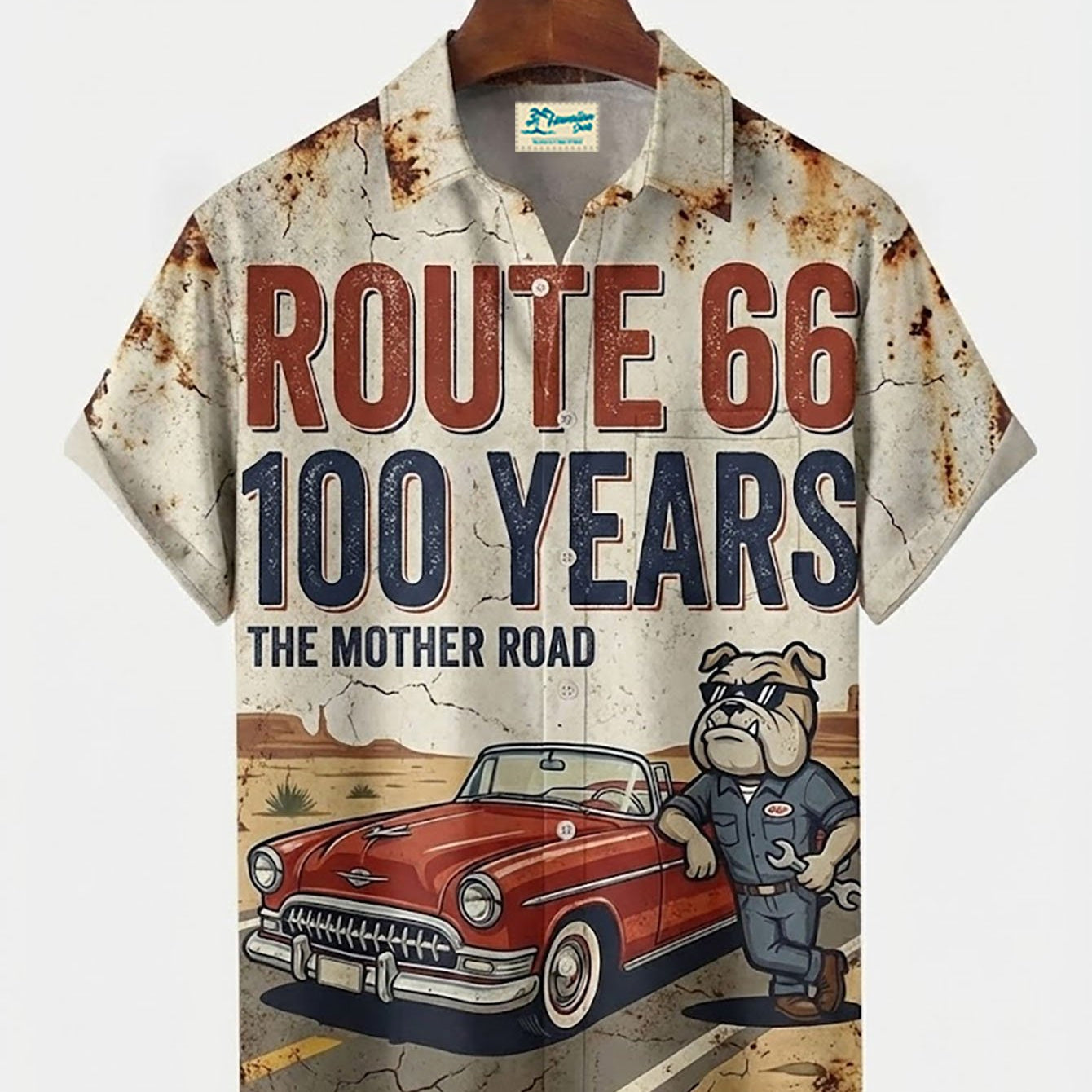 Alohadaddy® Retro Route 66 Car Print Men's Button-Down Short-Sleeve Shirt Big & Tall