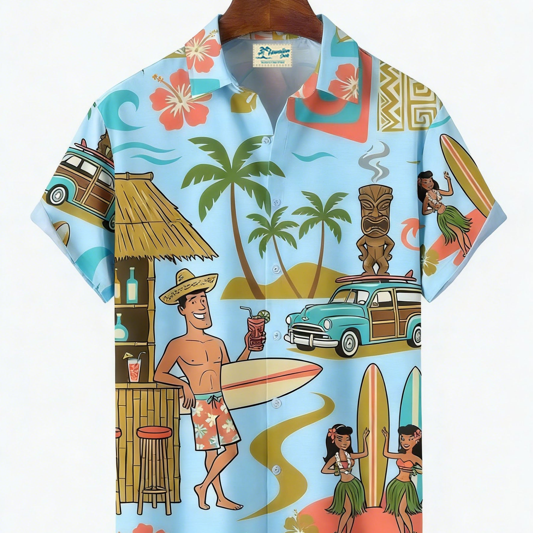Alohadaddy® Hawaiian Medieval Geometric Cartoon Print Men's Button-Down Short-Sleeved Shirt Big & Tall