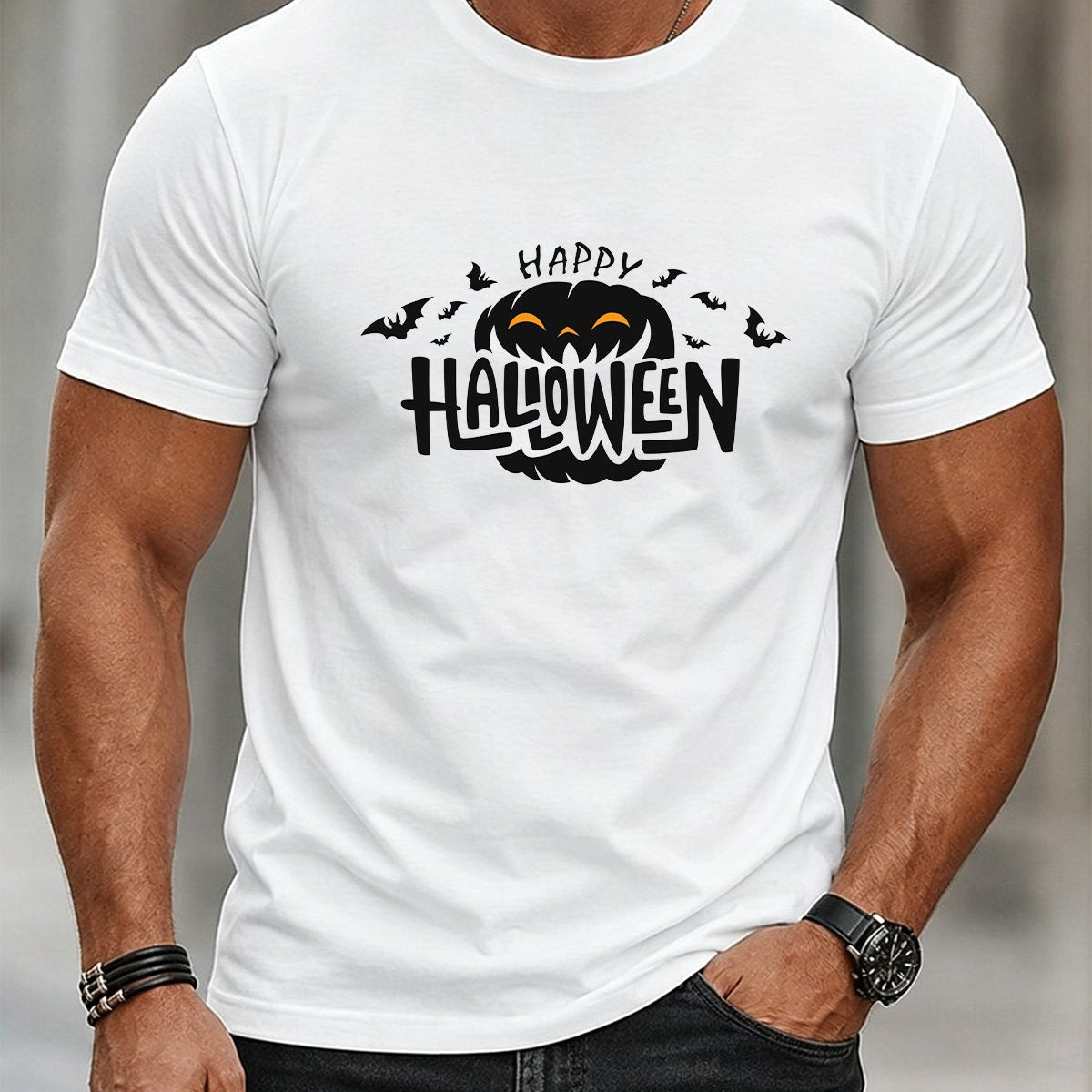 Alohadaddy® Men's Casual Short-Sleeve T-Shirt With Halloween Pumpkin And Bat Print