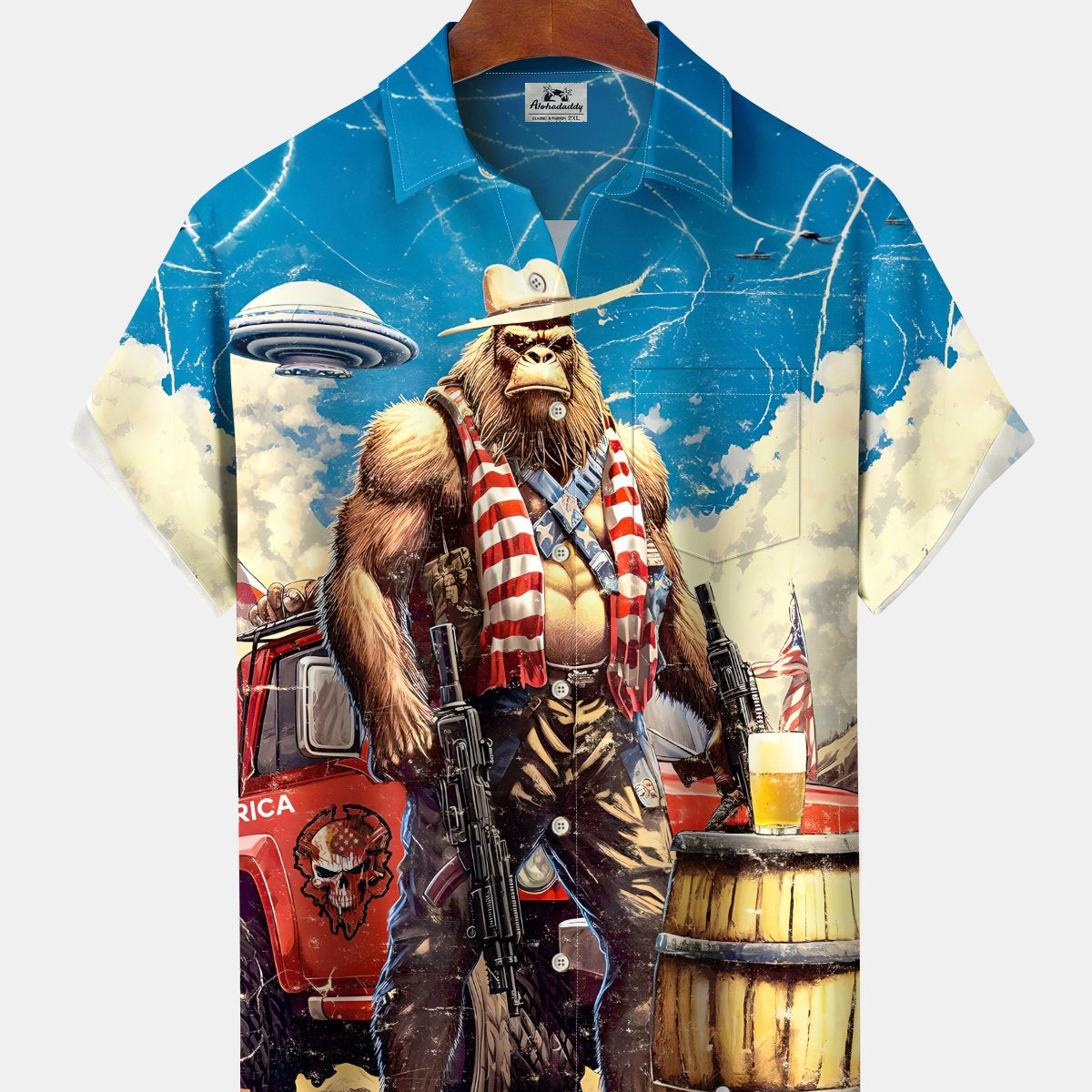 Alohadaddy Holiday Collection Independence Day Bigfoot Button Cardigan Pockets Stretch Oversized Polyester Short Sleeve Shirt