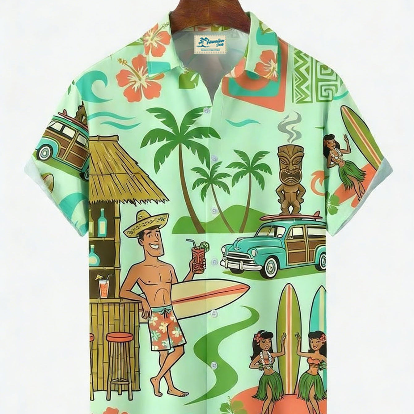 Alohadaddy® Hawaiian Medieval Geometric Cartoon Print Men's Button-Down Short-Sleeved Shirt Big & Tall