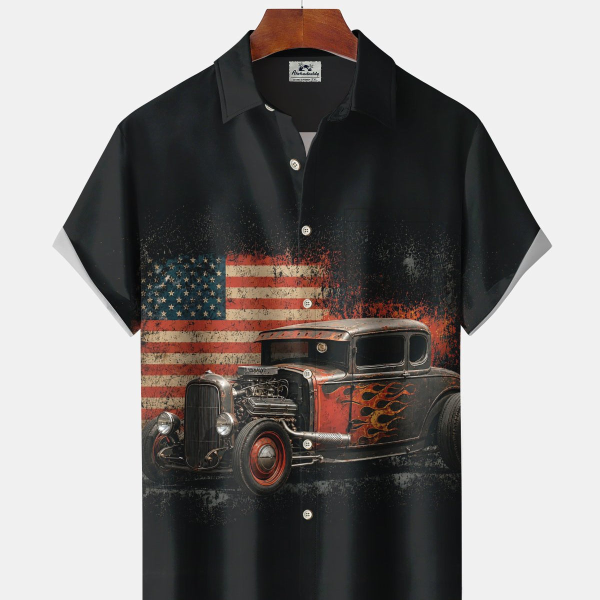Alohadaddy® Men's Short-Sleeve Button-Down Shirt with Vintage Car Print and Chest Pocket