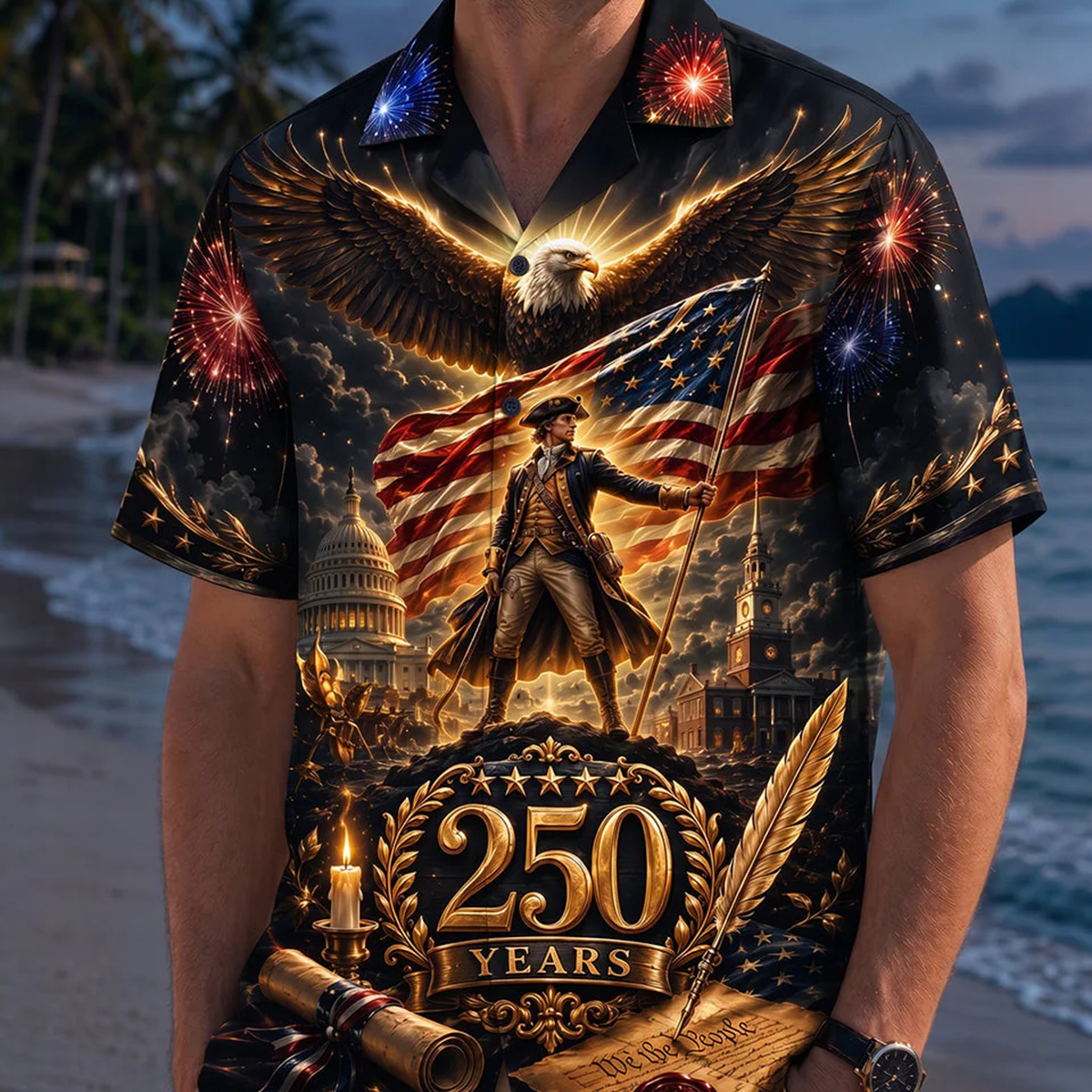 Alohadaddy® Holiday Independence Day Print Art Button Cardigan with Pockets Men's Short Sleeve Shirt