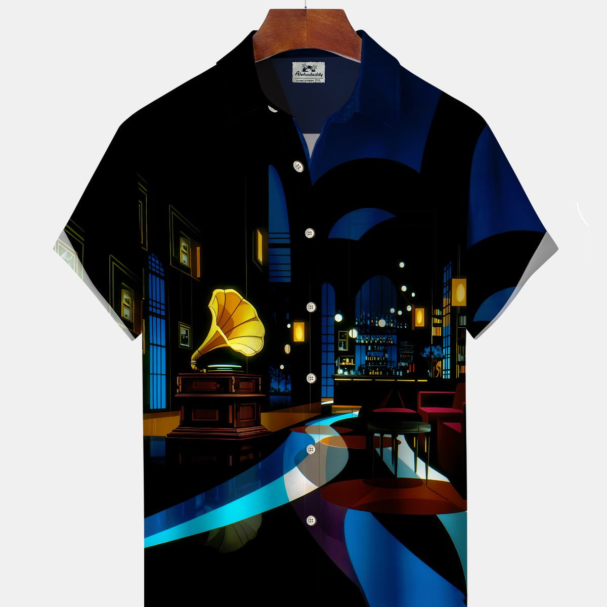 Alohadaddy® Men's Short-Sleeve Cardigan Shirt with Vintage Music-Themed Graphic Print and Pocket