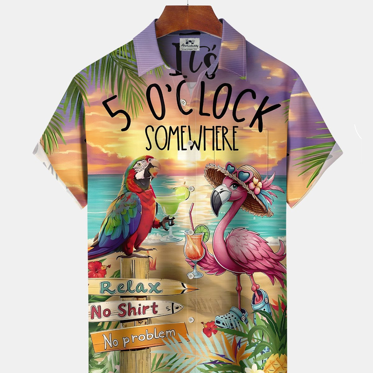 Alohadaddy® Men's Short-Sleeve Button-Down Shirt with Flamingo Print and Chest Pocket