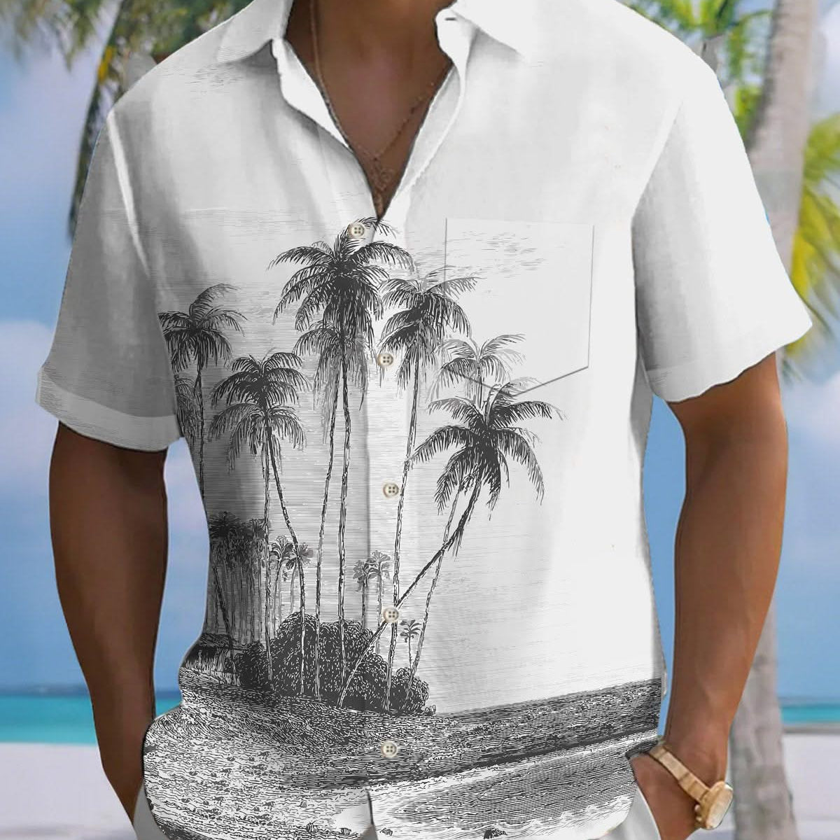 Alohadaddy® Vintage Beach Palm Tree Print Pocket Elastic Button Men's Short Sleeve Shirt Big & Tall