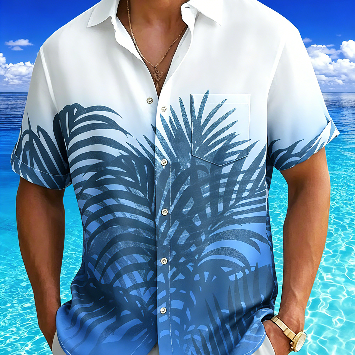 Alohadaddy® Hawaiian Palm Leaf Print Art Button Pocket Cardigan Men's Short Sleeve Shirt