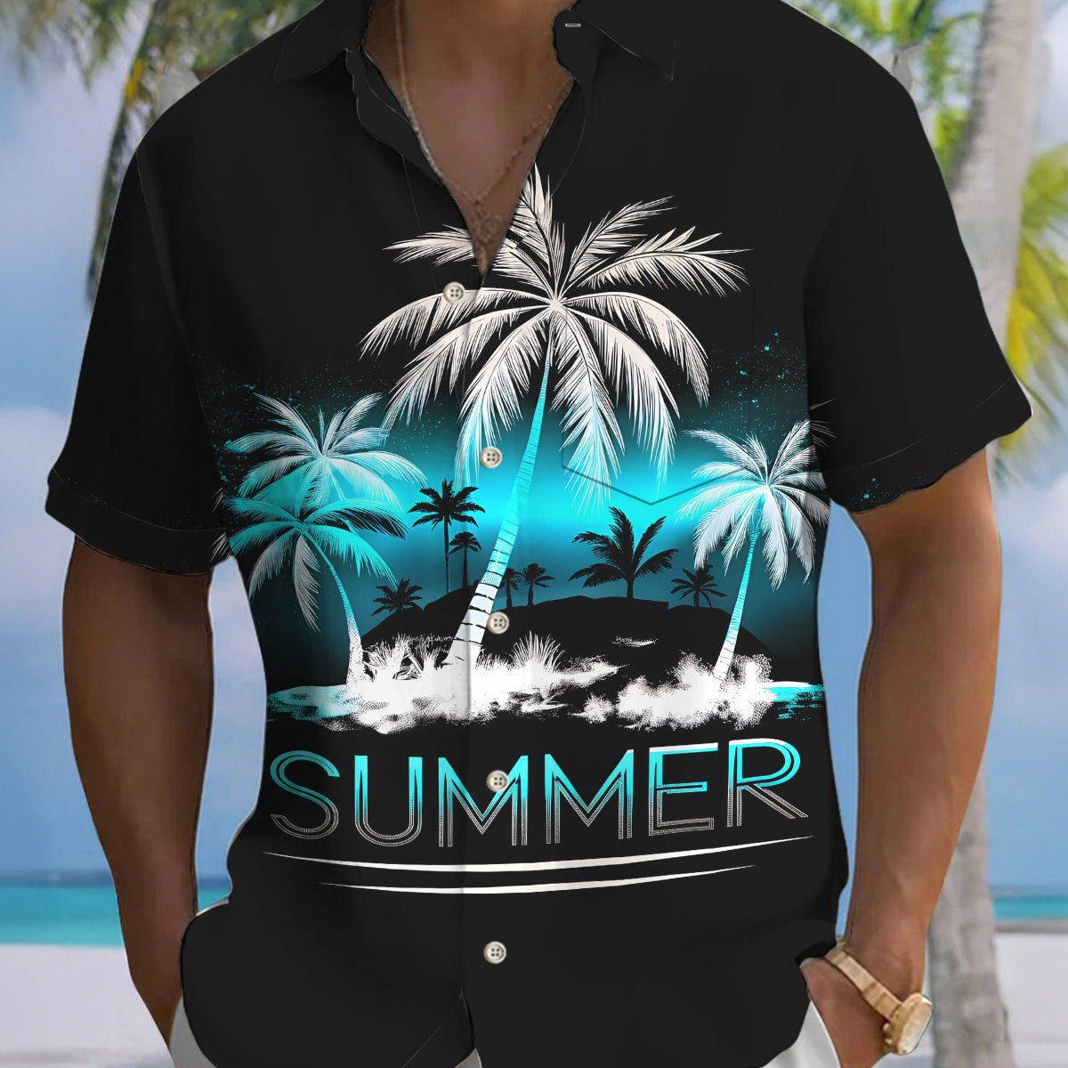 Alohadaddy® Men's Short-Sleeve Button-Down Shirt with Palm Tree Print and Chest Pocket