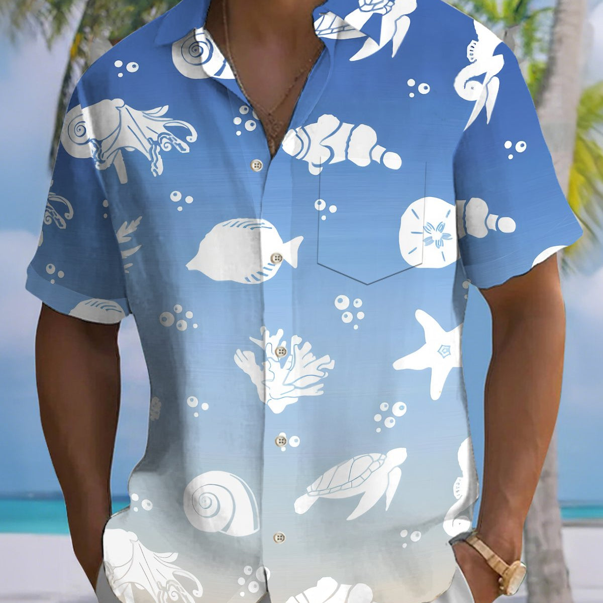 Alohadaddy® Casual Marine Life Print Art Button Pocket Cardigan Men's Short Sleeve Shirt