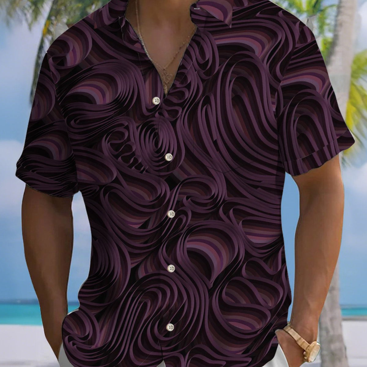 Alohadaddy® Men's Short-Sleeve Casual Cardigan Shirt Geometric Art Print, Button-Front with Pocket