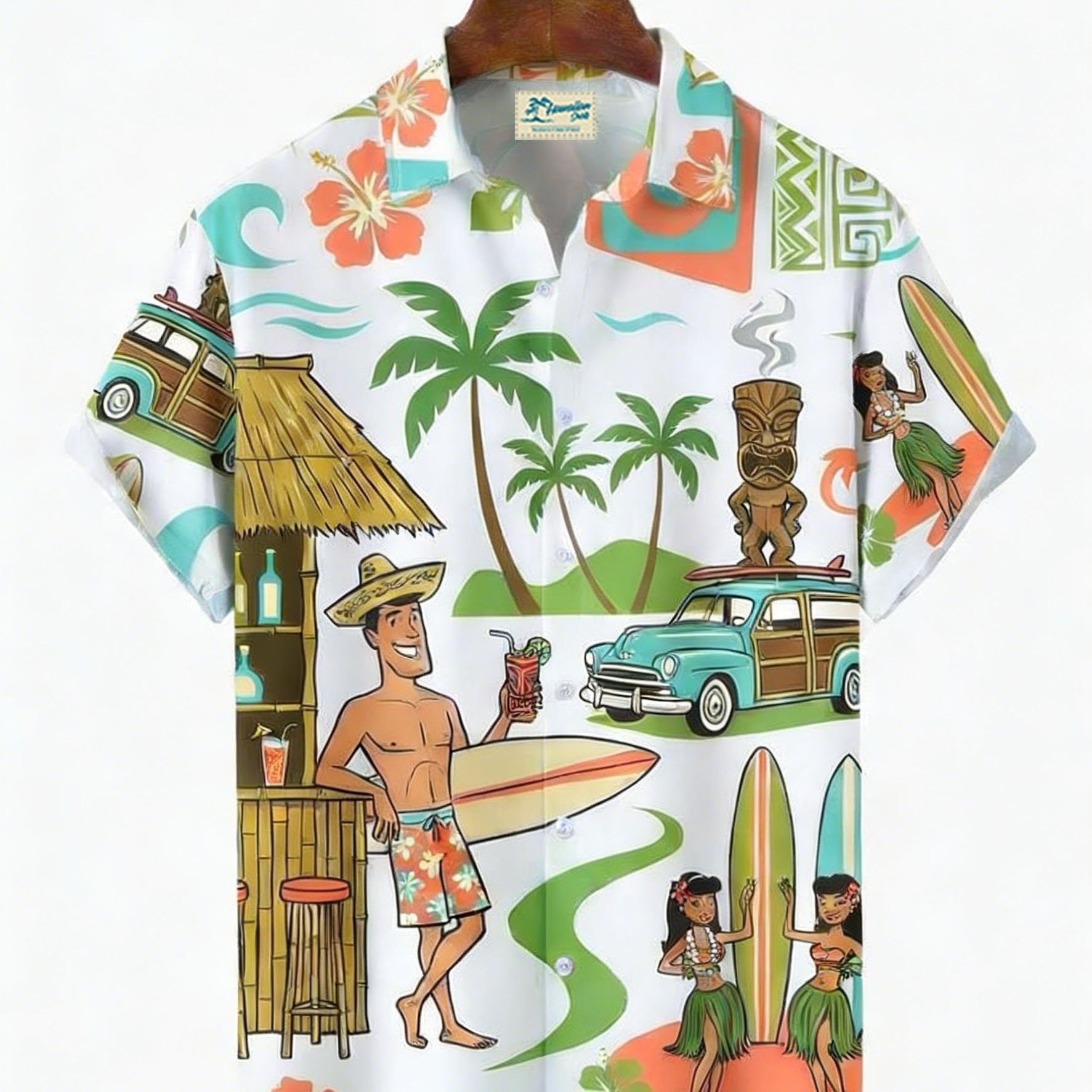 Alohadaddy® Hawaiian Medieval Geometric Cartoon Print Men's Button-Down Short-Sleeved Shirt Big & Tall