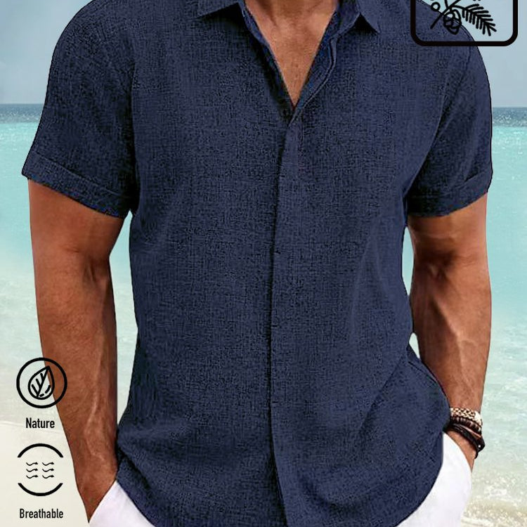 Camisa básica de lino y algodón con botones y manga corta para hombre de Alohadaddy