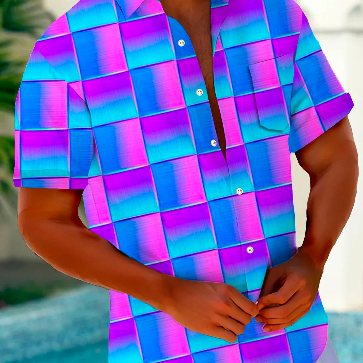 Camisa de manga corta con bolsillo abotonado para hombre con estampado 3D de degradado geométrico hawaiano Alohadaddy