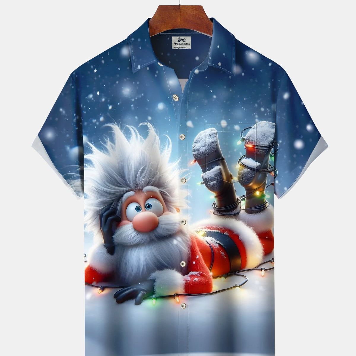 Alohadaddy® Holiday Christmas Cartoon Snow Santa Claus Colorful Lights Men's Short-Sleeve Shirt