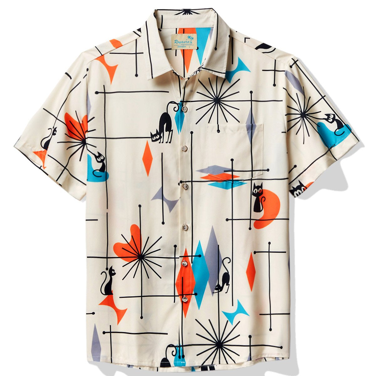 Alohadaddy Vintage Medieval Geometric Khaki Men's Casual Shirt Cat Art Pocket Button Camp Shirt Big Tall