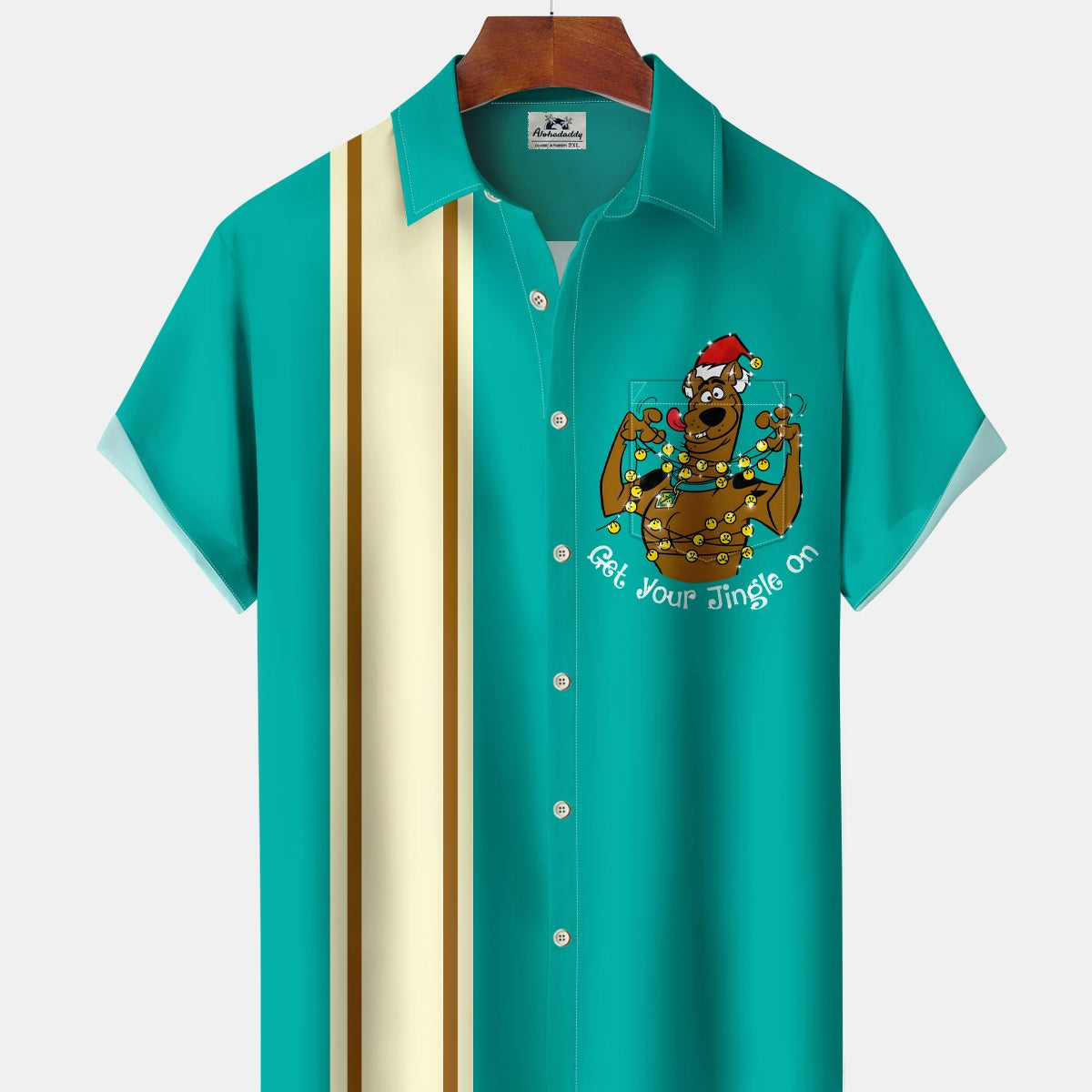 Alohadaddy® Hawaiian Retro Cartoon Christmas Movie Puppy Bowling Shirt Short-Sleeve Men's Shirt