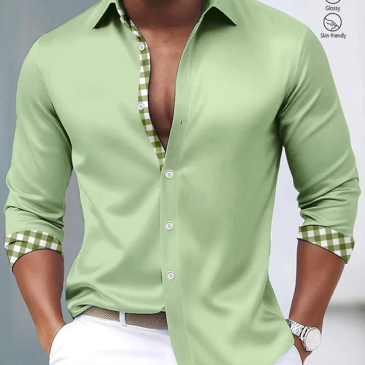 Alohadaddy® Satin Silk Basic Solid Color Check Patchwork Men's Long-Sleeve Shirt