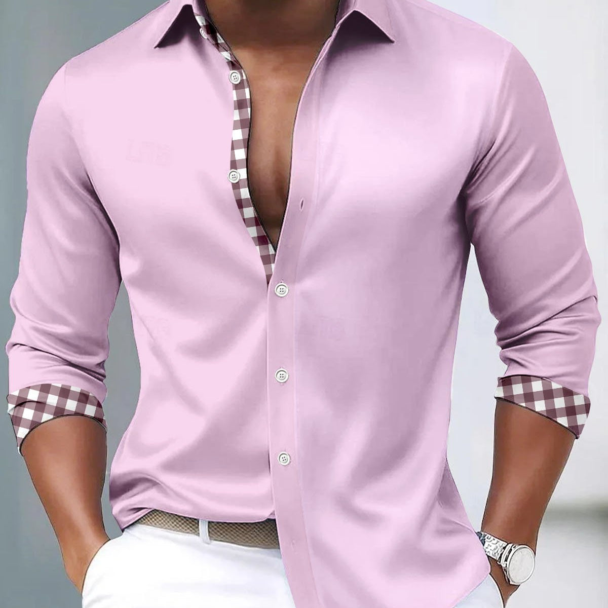 Alohadaddy® Satin Silk Basic Solid Color Check Patchwork Men's Long-Sleeve Shirt