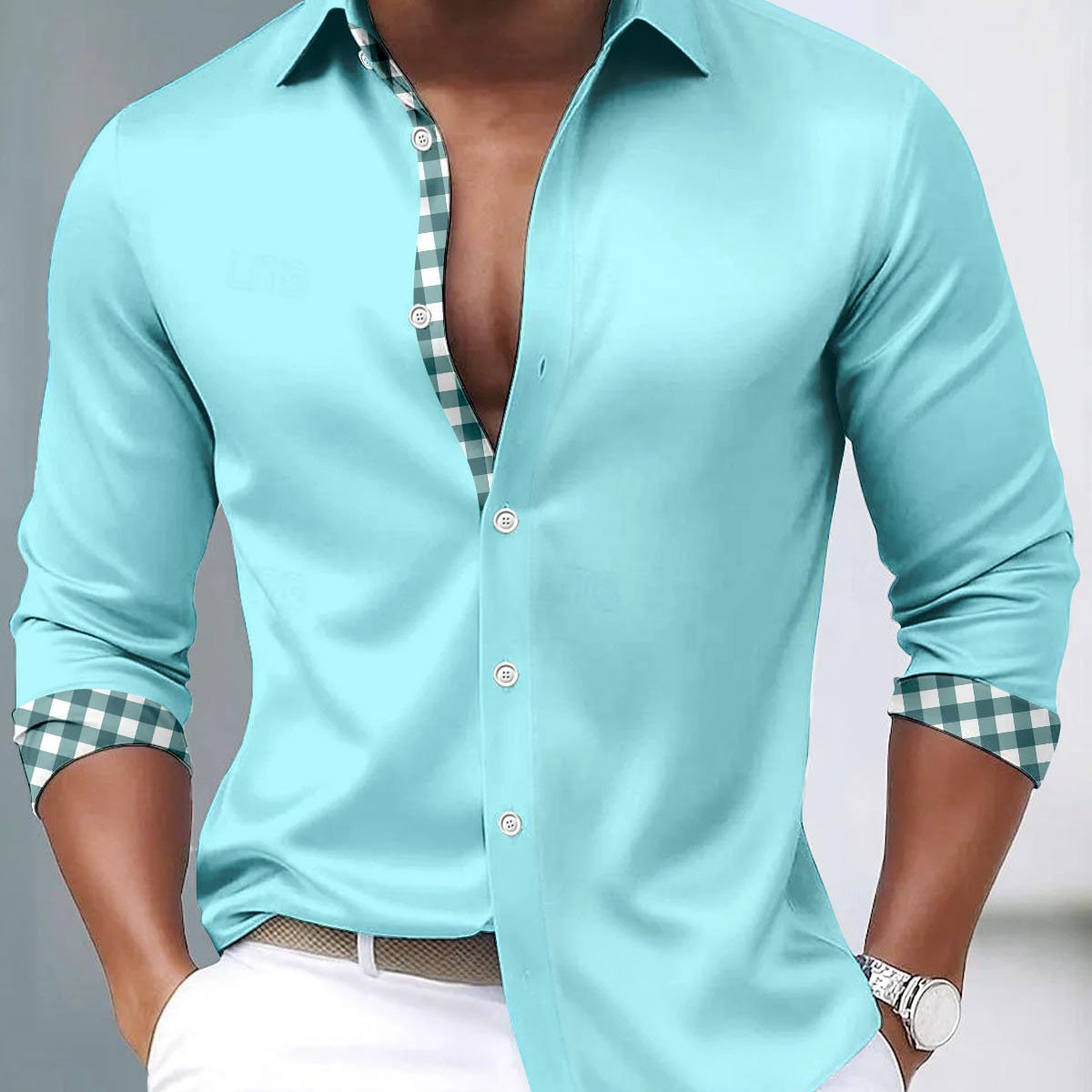 Alohadaddy® Satin Silk Basic Solid Color Check Patchwork Men's Long-Sleeve Shirt