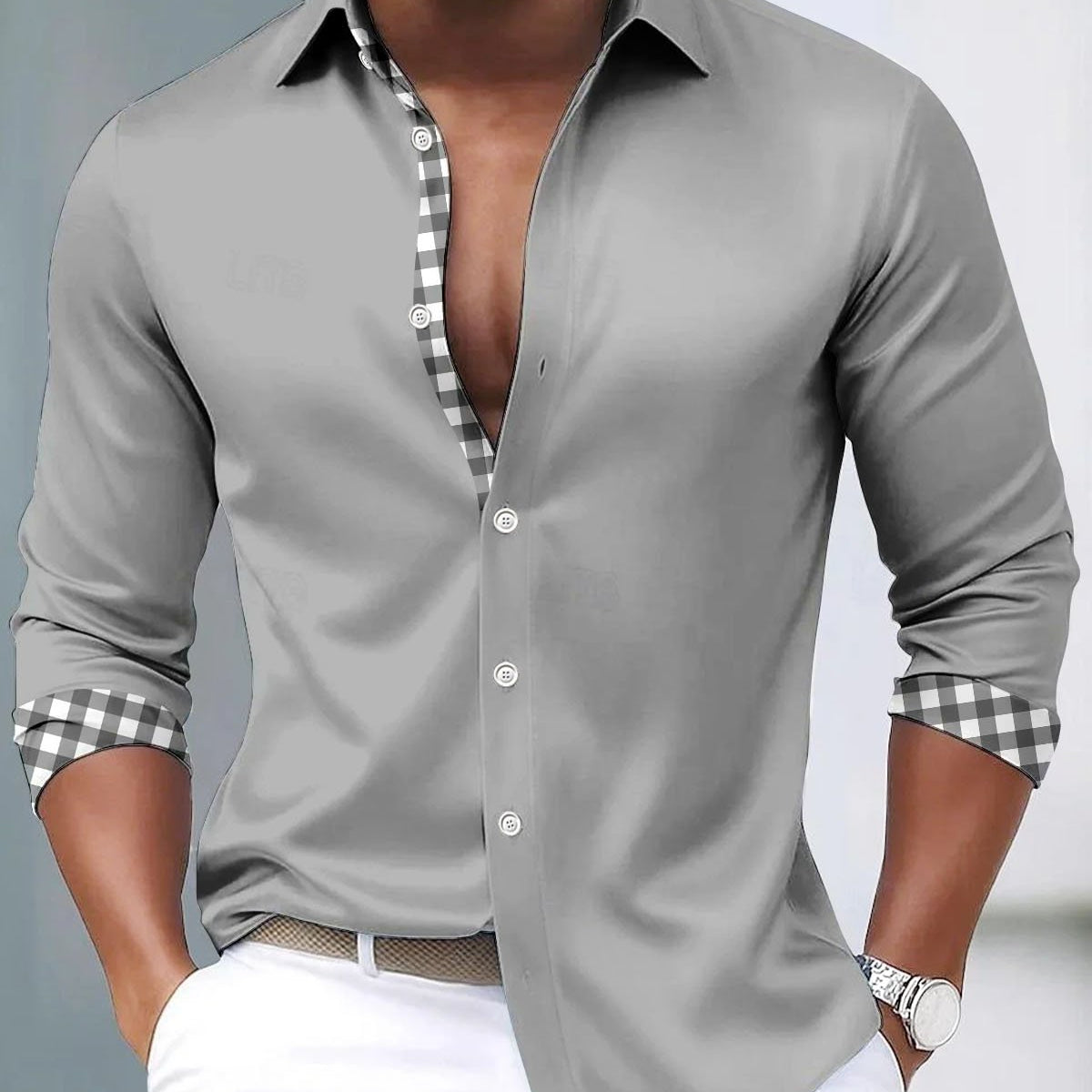 Alohadaddy® Satin Silk Basic Solid Color Check Patchwork Men's Long-Sleeve Shirt