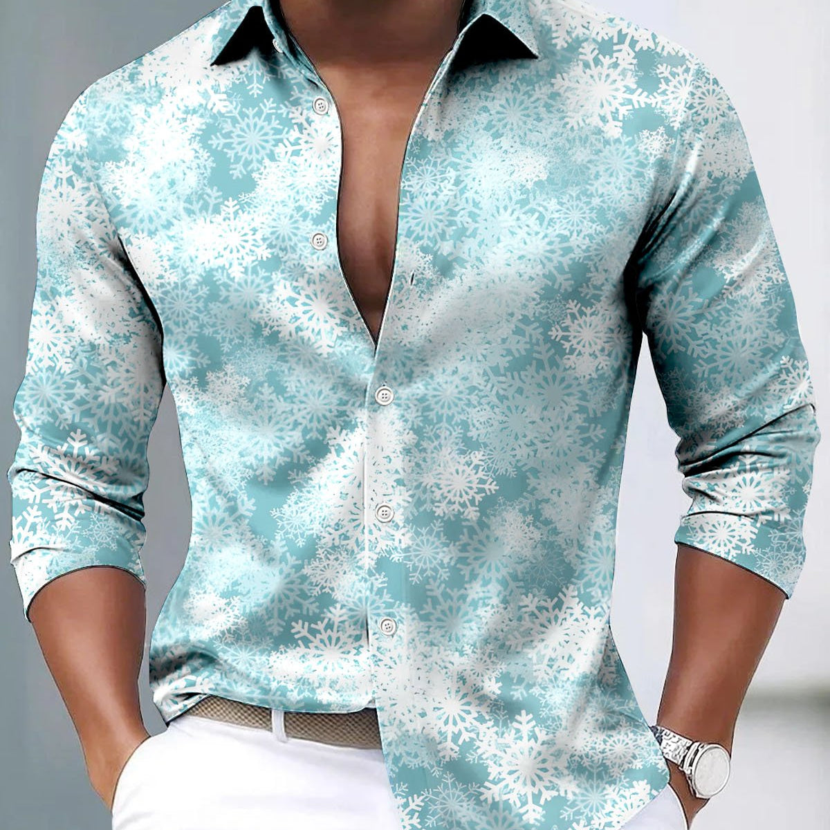 Alohadaddy® Satin Silk Holiday Christmas Snowflake Men's Long-Sleeved Shirt