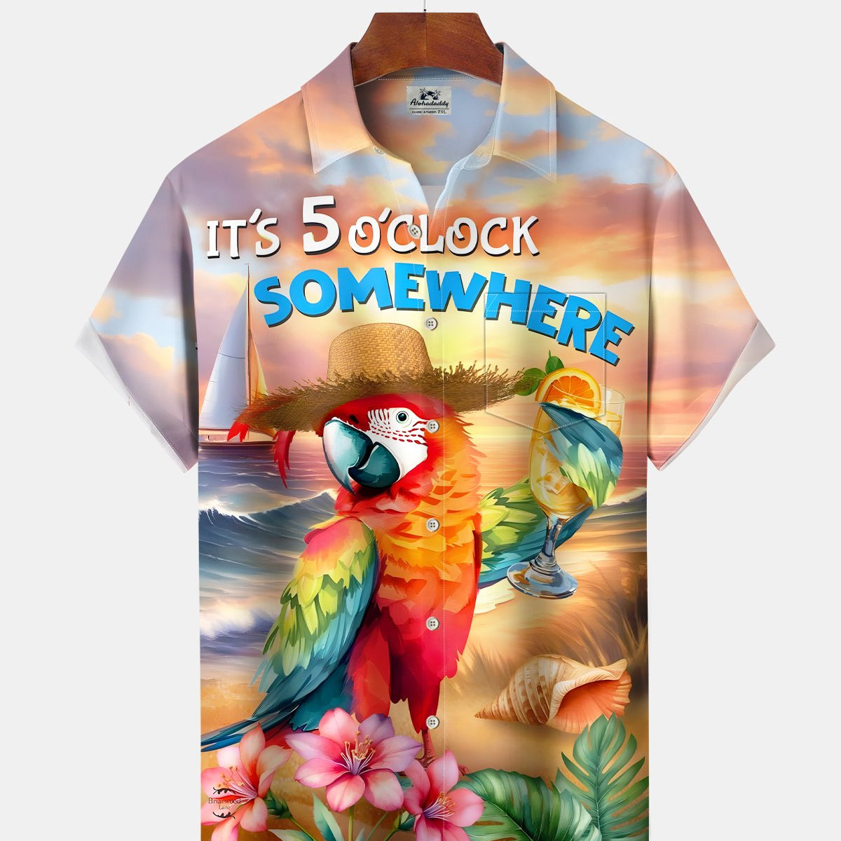 Alohadaddy® Hawaiian Tropical Floral 5 O'Clock Parrot Cocktail Short-Sleeve Shirt