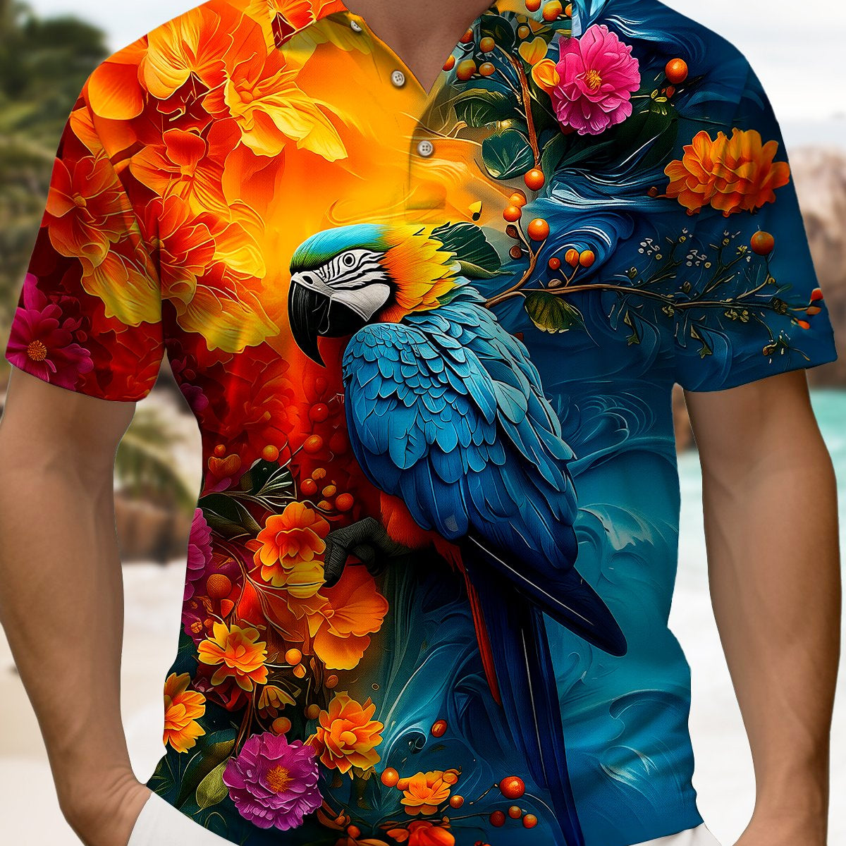 Alohadaddy® Hawaiian Retro Abstract Oil Painting Parrot Short-Sleeve Polo Shirt