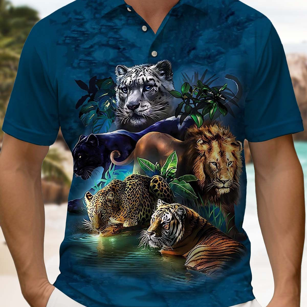Alohadaddy® Vintage Hawaiian Tiger and Lion Short-Sleeve Polo Shirt