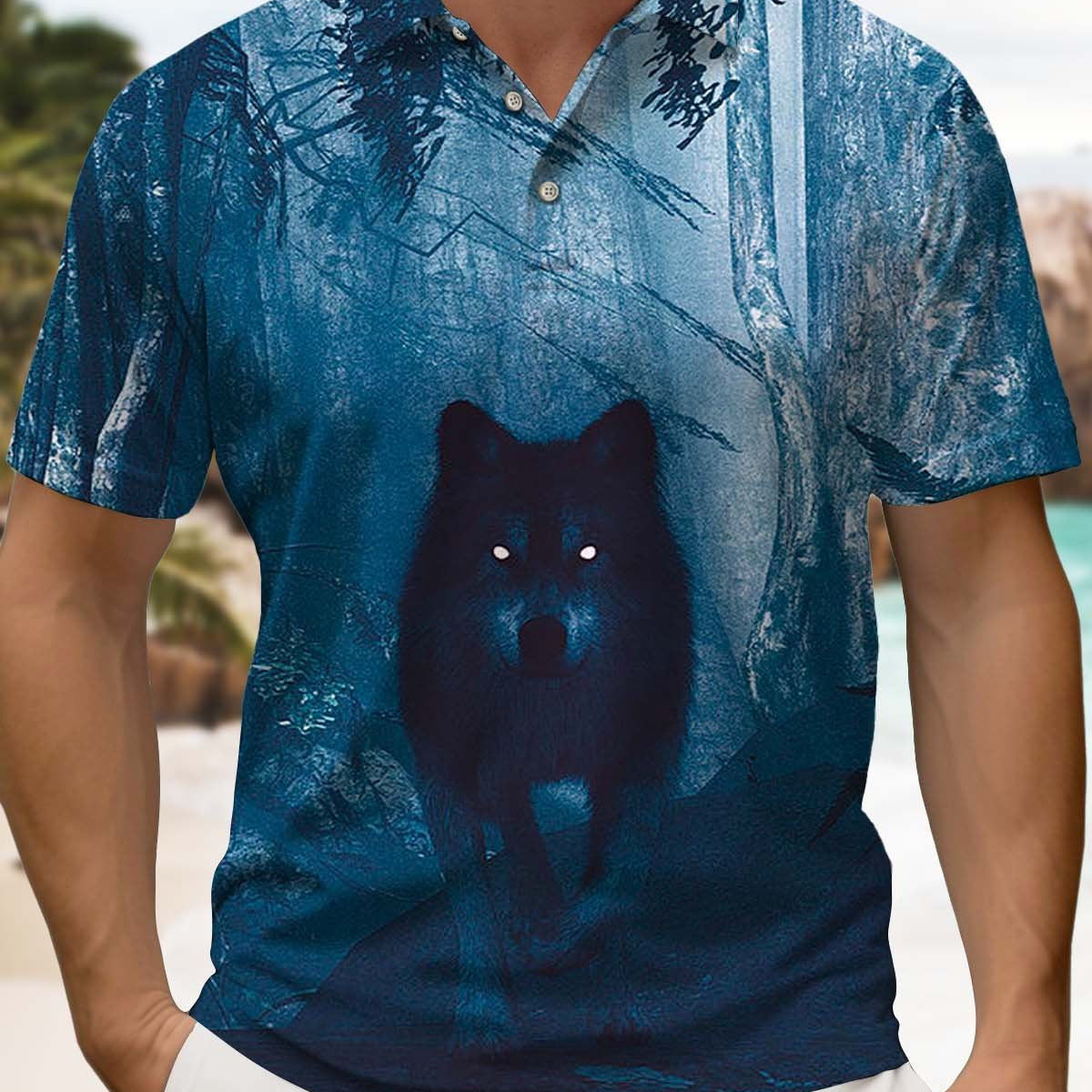 Alohadaddy® Retro Hawaiian Wolf Forest Short-Sleeve Polo Shirt