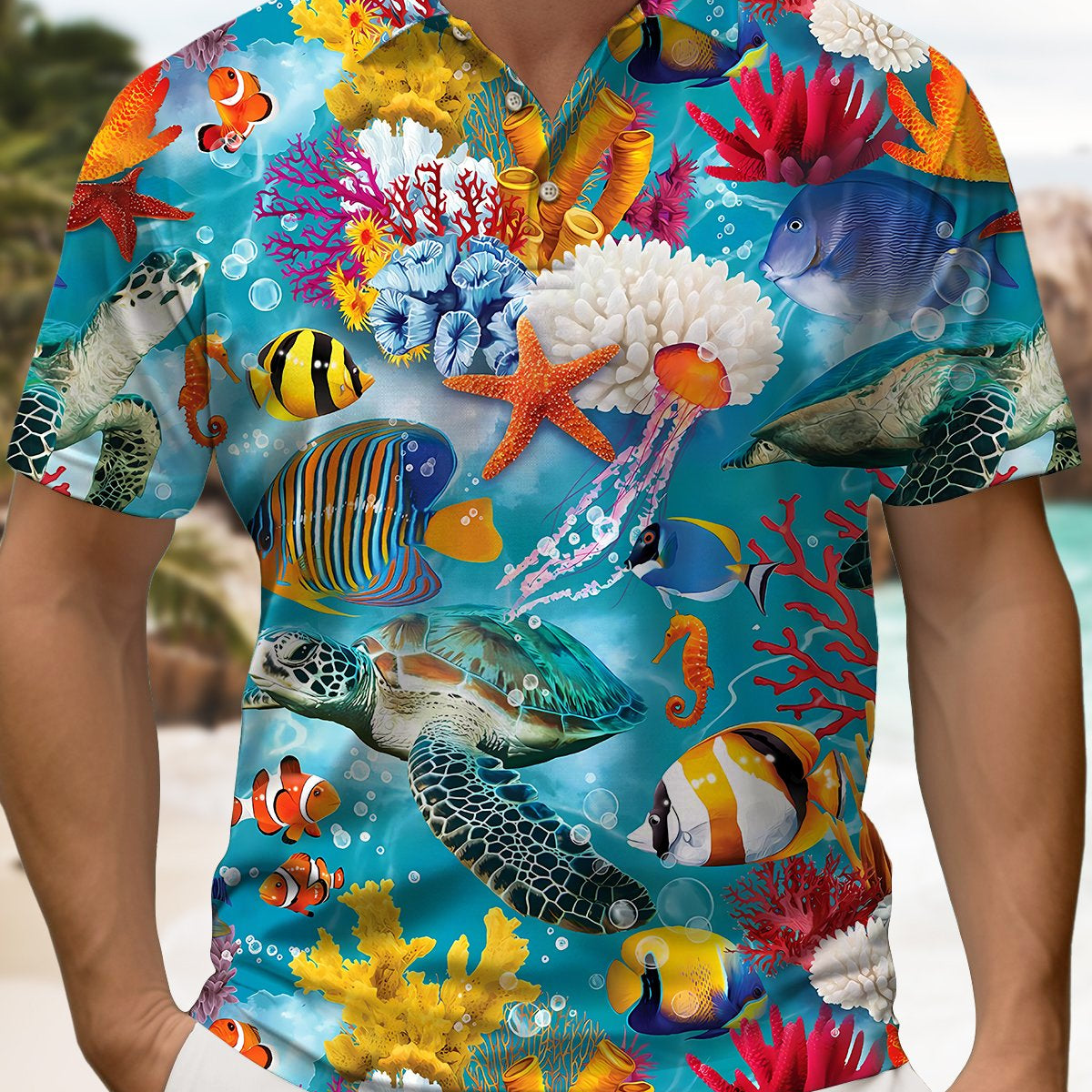 Alohadaddy® Hawaiian Marine Life Tropical Fish Short-Sleeve Polo Shirt