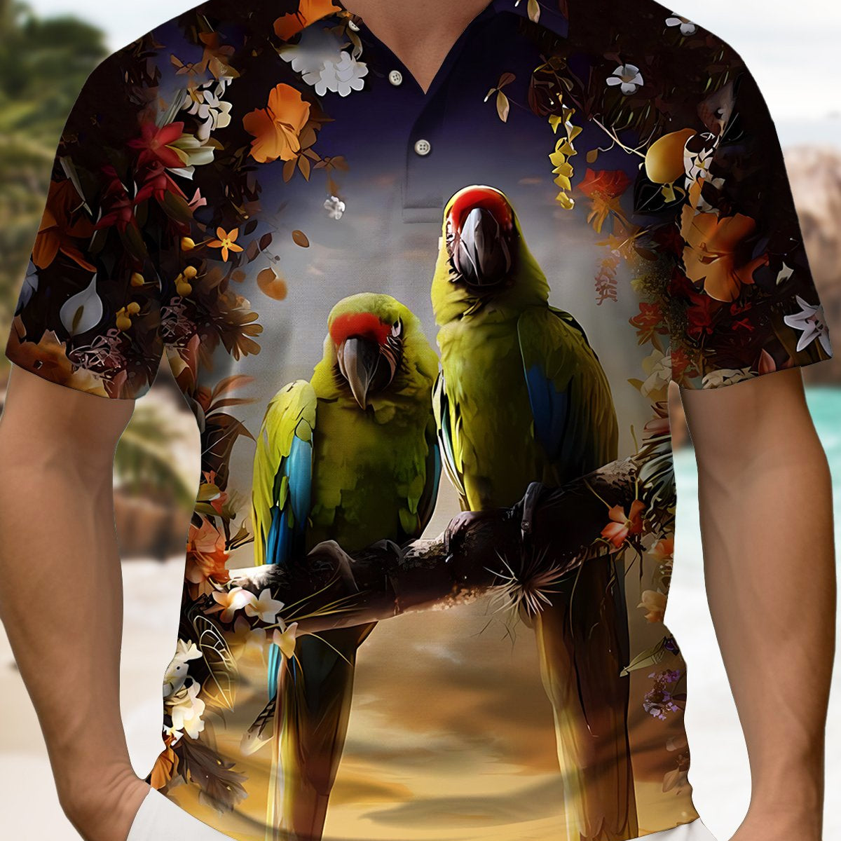 Alohadaddy® Hawaiian Gradient Parrot Tropical Floral Short-Sleeve Polo Shirt