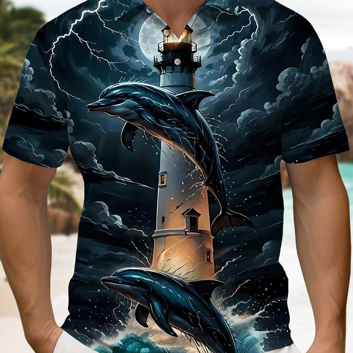 Alohadaddy® Hawaiian Sea Lighthouse Dolphin Short-Sleeve Polo Shirt