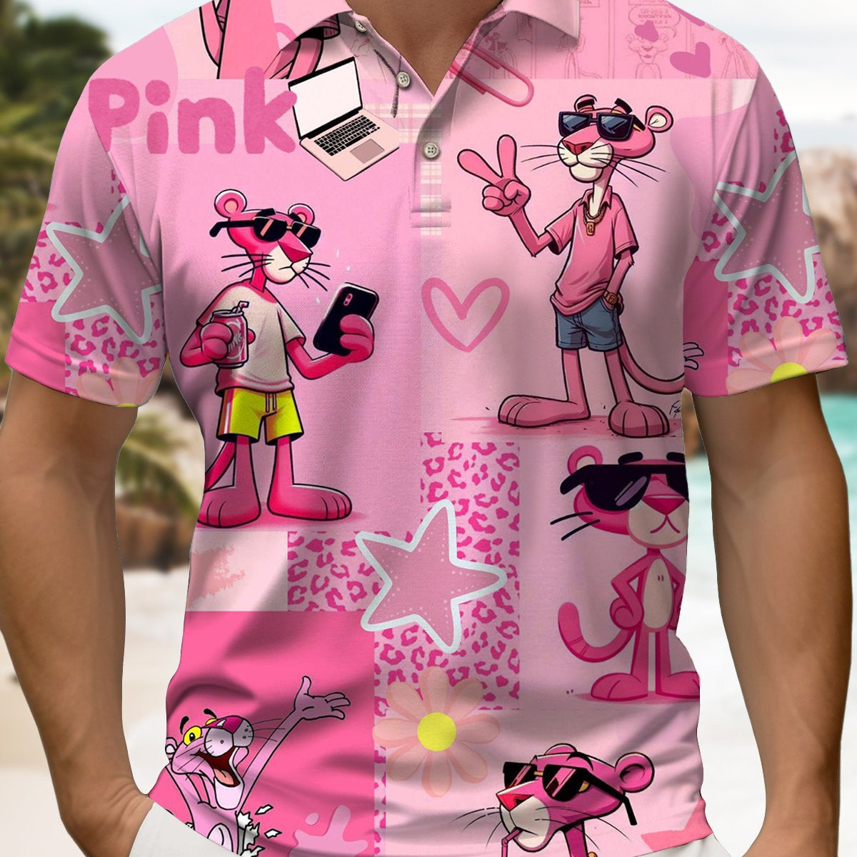Alohadaddy® Retro Cartoon Playful Leopard Short-Sleeve Polo Shirt