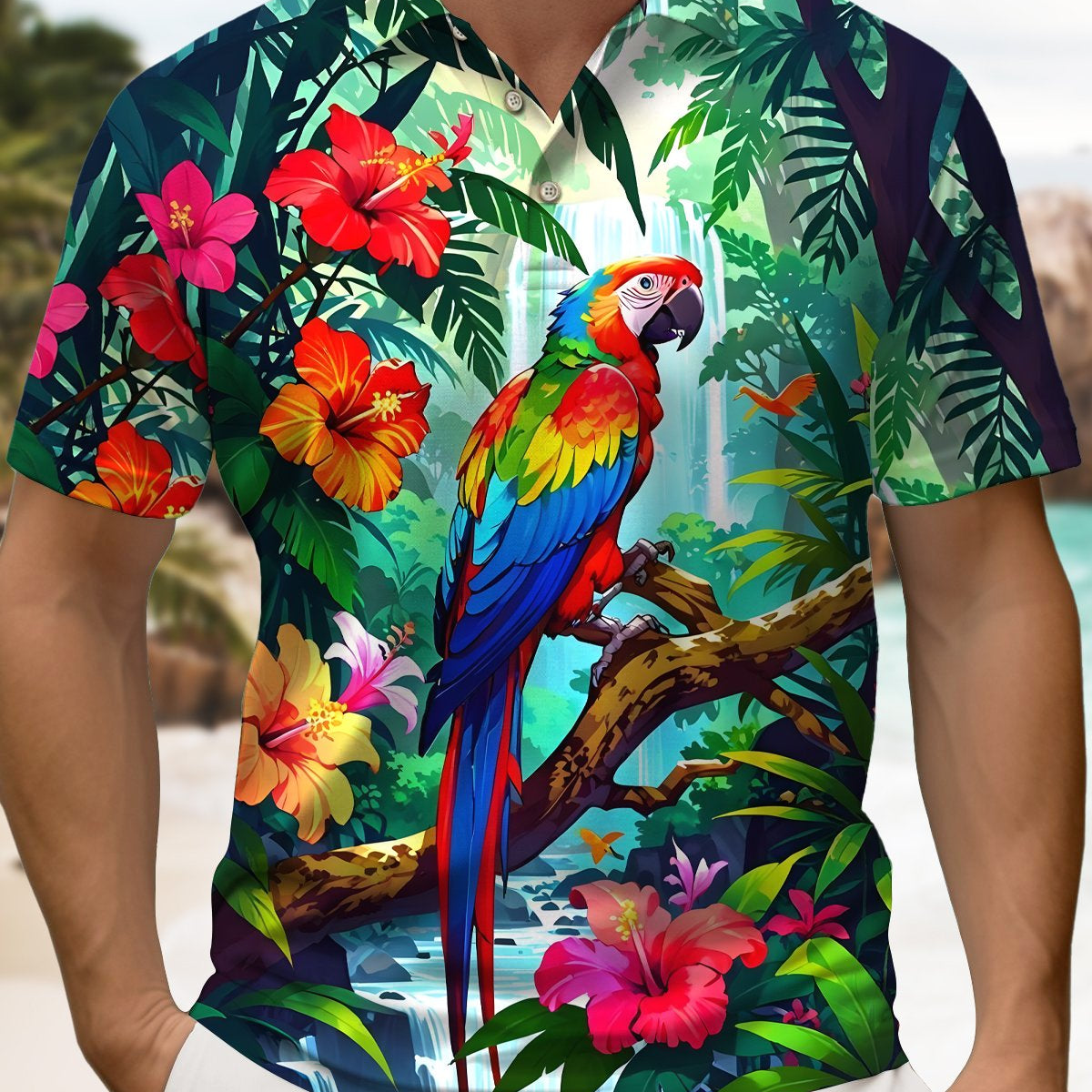 Alohadaddy® Hawaiian Retro Parrot Tropical Short-Sleeve Polo Shirt