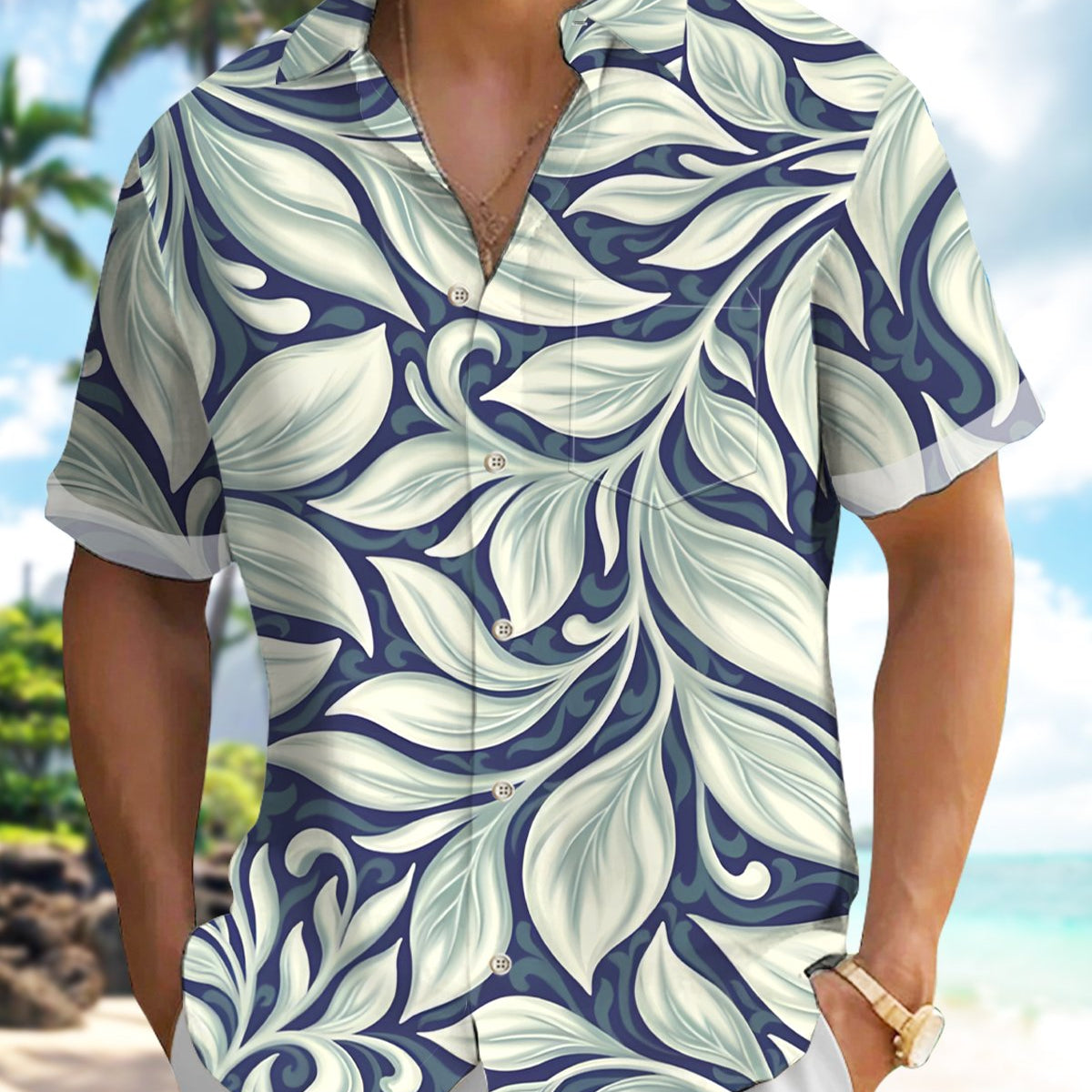 Alohadaddy® Hawaiian Floral Abstract Tropical Leaf Men's Short-Sleeve Shirt