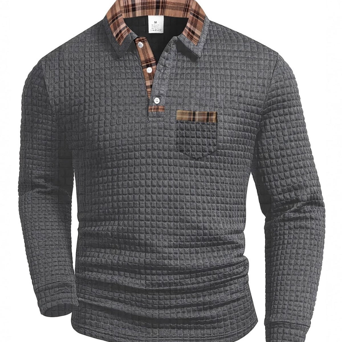 Alohadaddy® Men's Solid Color Geometric Patchwork Fabric Check Long-Sleeve Polo Shirt