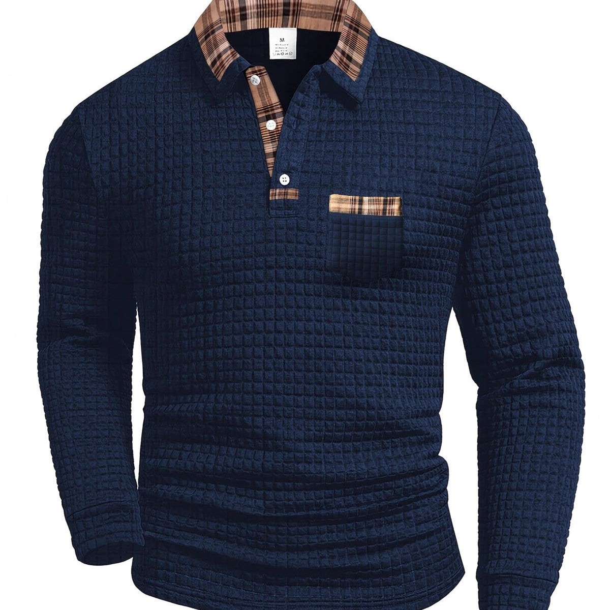 Alohadaddy® Men's Solid Color Geometric Patchwork Fabric Check Long-Sleeve Polo Shirt