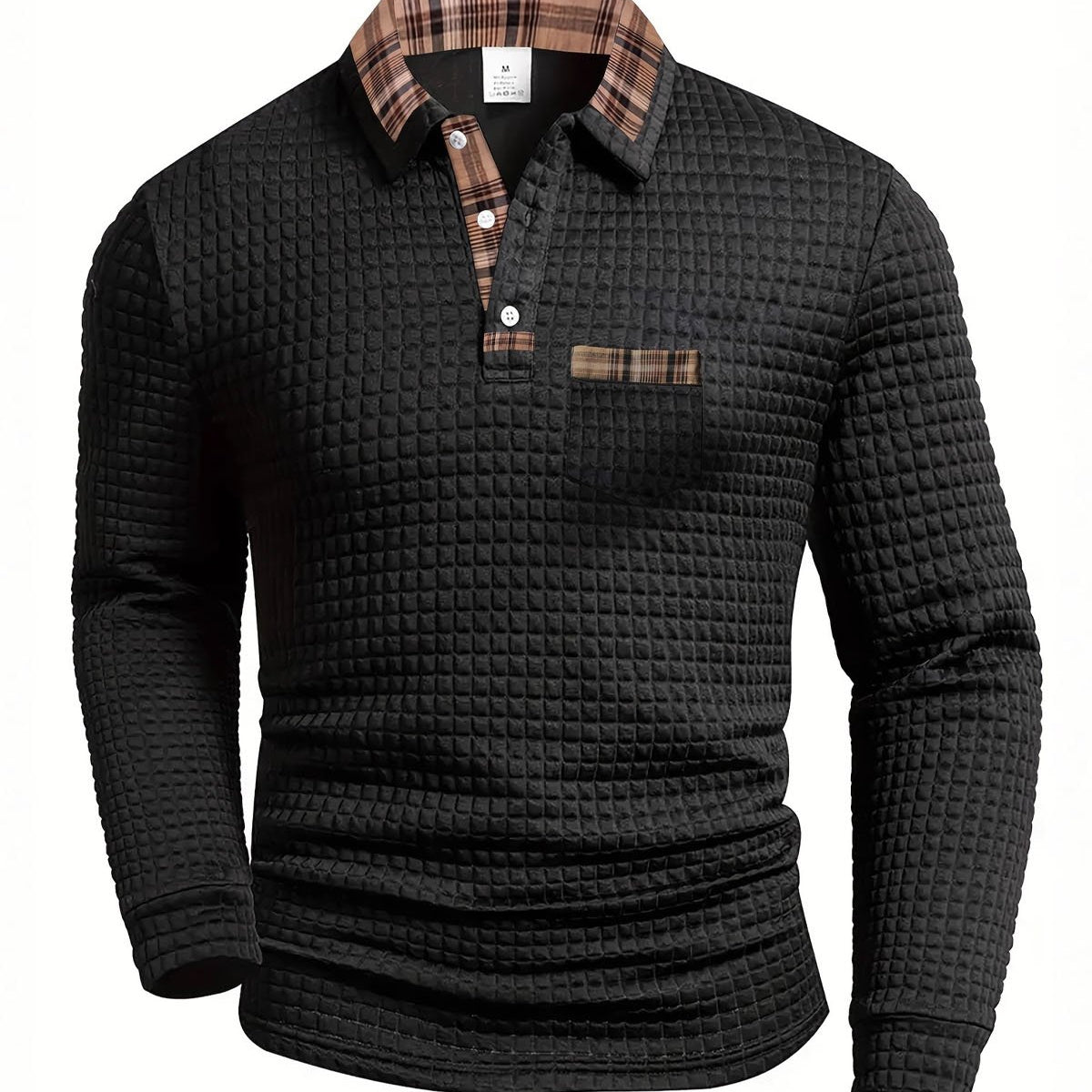 Alohadaddy® Men's Solid Color Geometric Patchwork Fabric Check Long-Sleeve Polo Shirt