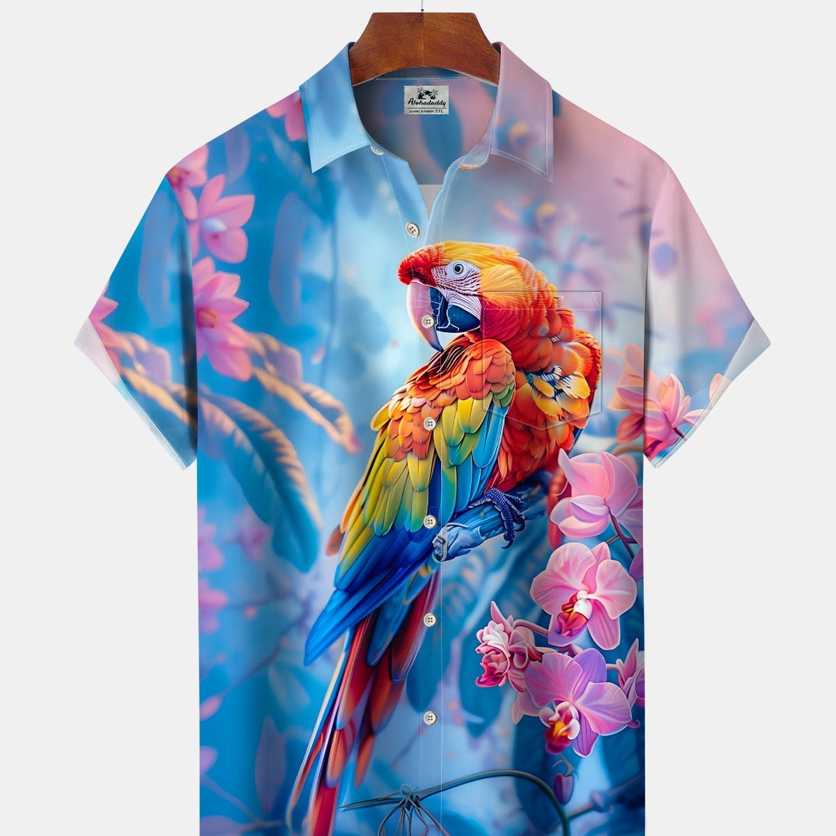 Alohadaddy® Hawaiian Tropical Flower Parrot Men's Short-Sleeve Shirt