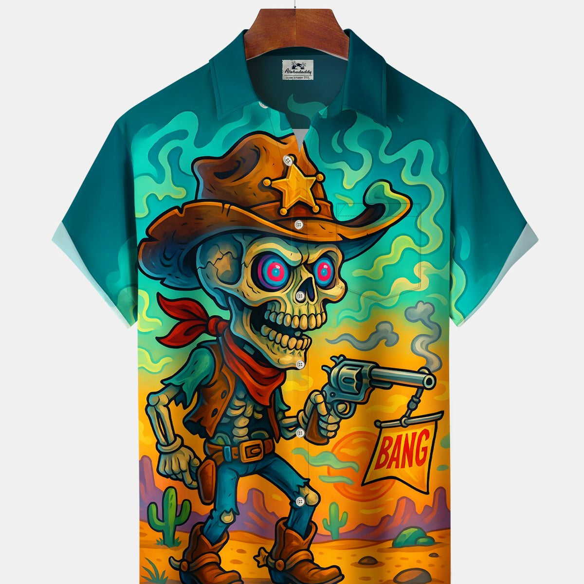 Alohadaddy® Retro Western Cowboy Cartoon Skull Desert Short-Sleeve Shirt