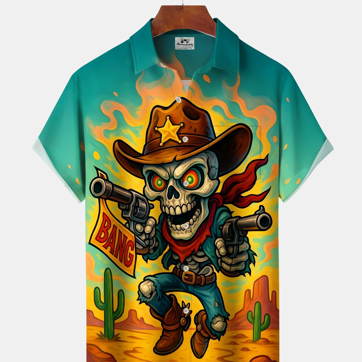 Alohadaddy® Retro Denim Cartoon Skull Cactus Desert Short-Sleeve Shirt