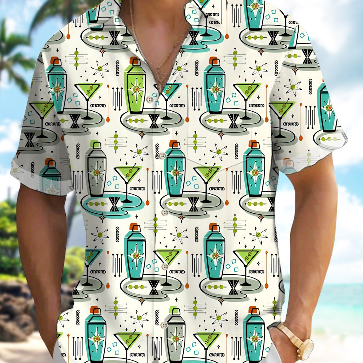Alohadaddy® Hawaiian Retro Atomic Medieval Modern Cocktail Olive Shirt