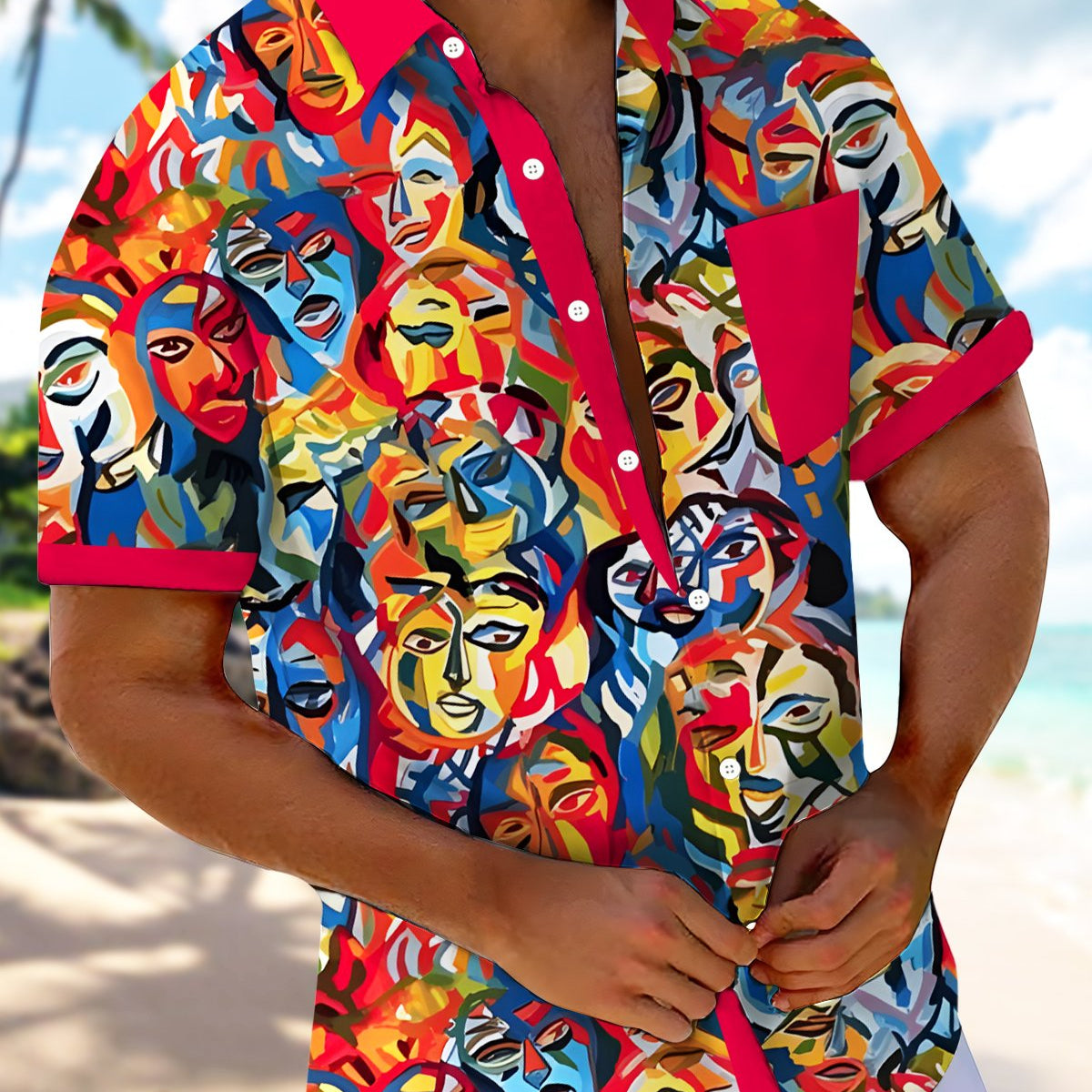Alohadaddy® Retro Abstract Portrait Picasso Color Block Men's Short-Sleeve Shirt