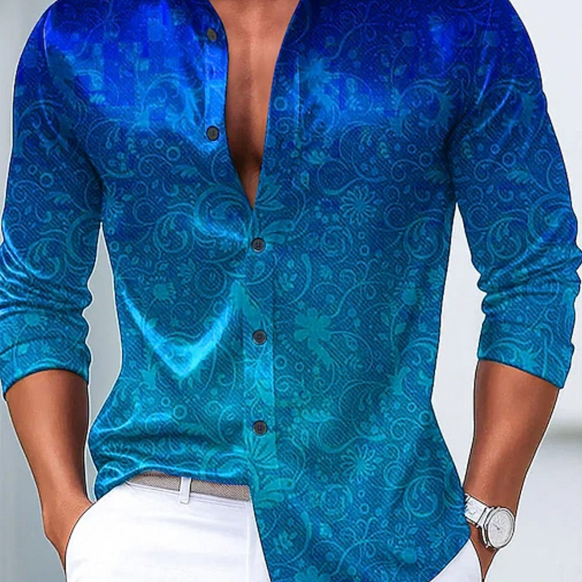 Alohadaddy® Vintage Floral Ombre Print Glossy Elastic Button Men's Long Sleeve Shirt Big & Tall