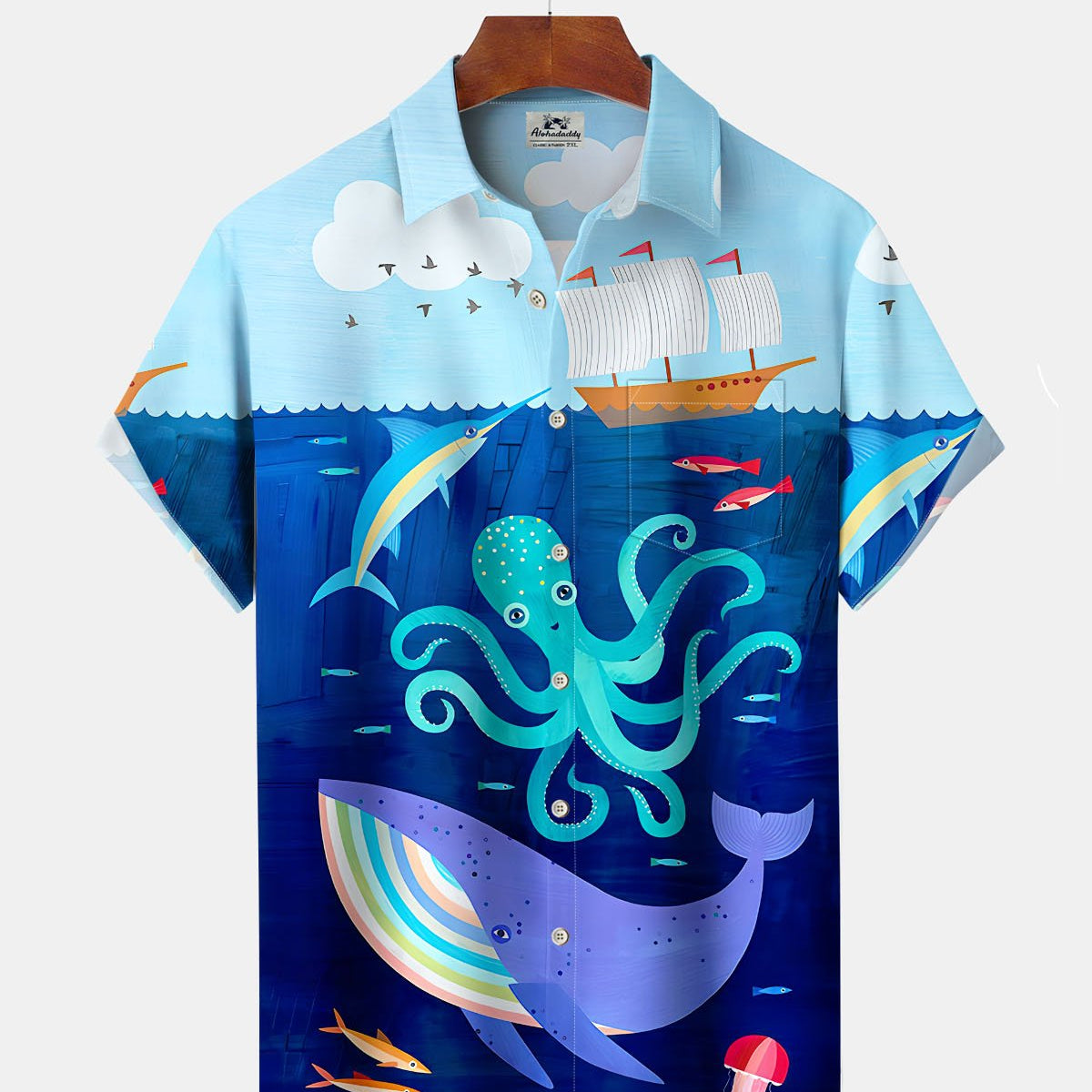 Alohadaddy® Casual Octopus Dolphin Ocean Print Art Cardigan Men's Short Sleeve Shirt Big & Tall