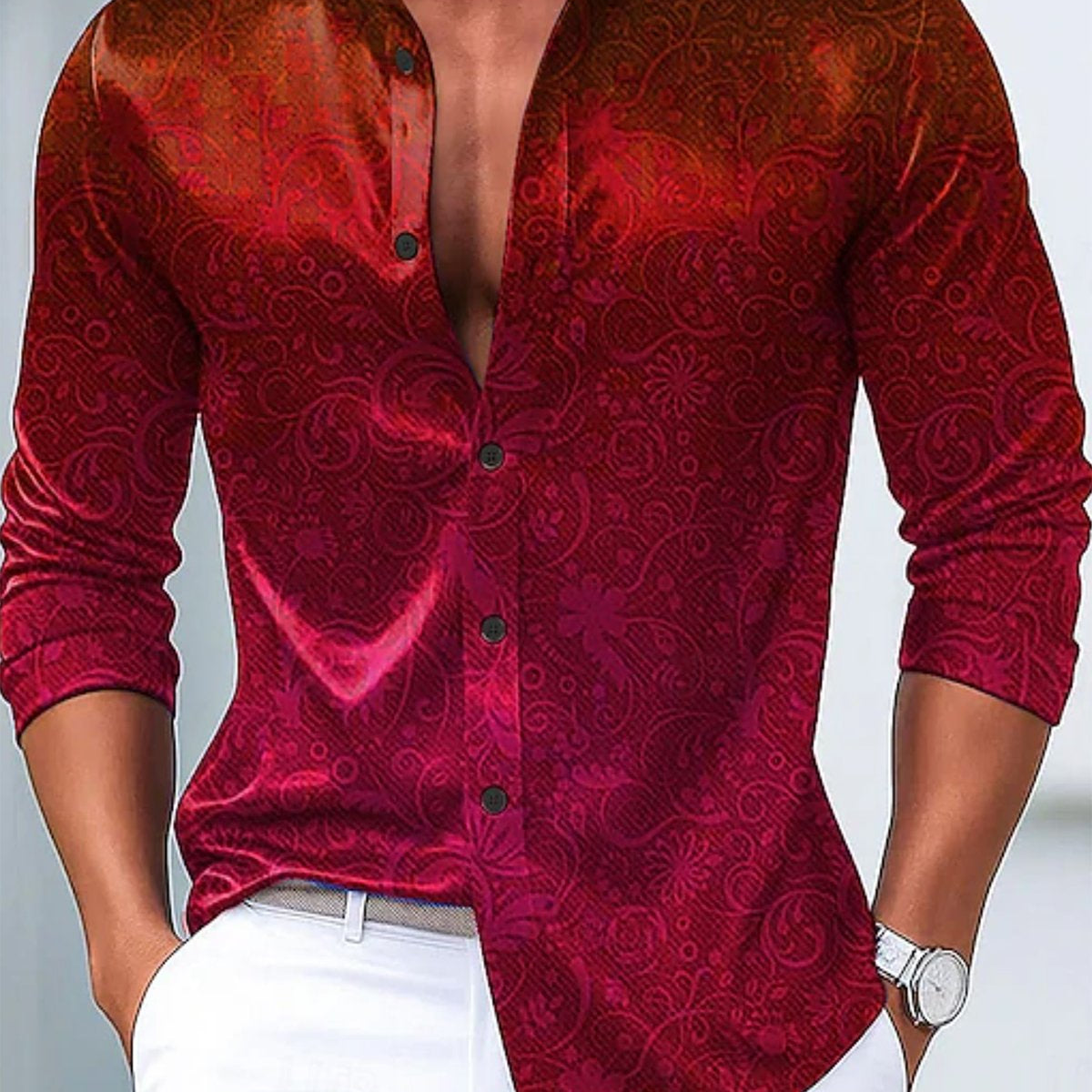 Alohadaddy® Vintage Floral Ombre Print Glossy Elastic Button Men's Long Sleeve Shirt Big & Tall