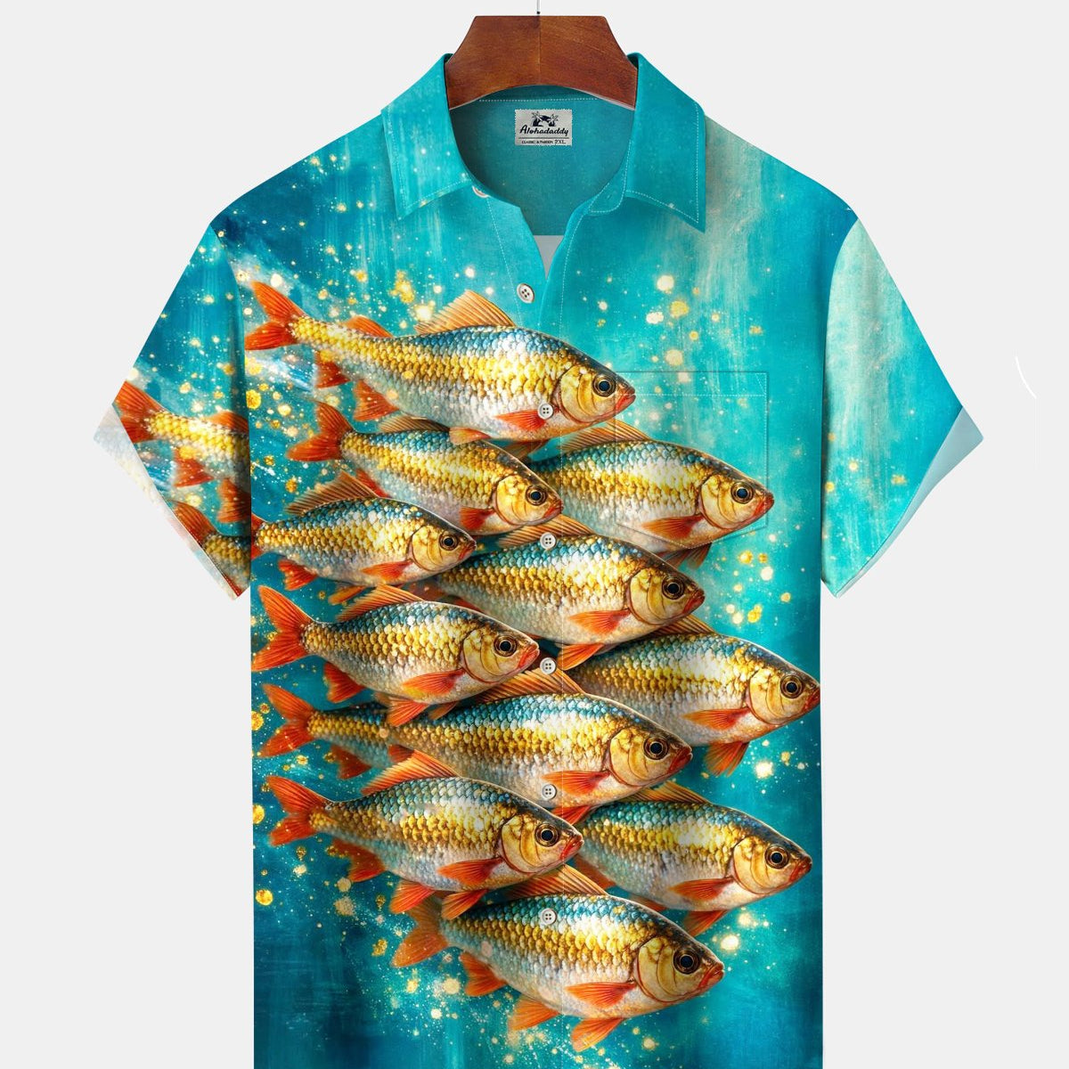 Alohadaddy® Men's Short-Sleeve Button-Down Shirt with Pocket Hawaiian Fish School Print