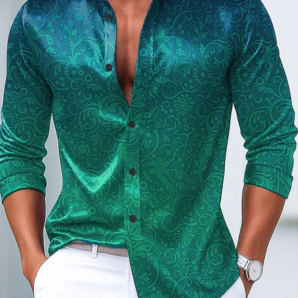 Alohadaddy® Vintage Floral Ombre Print Glossy Elastic Button Men's Long Sleeve Shirt Big & Tall