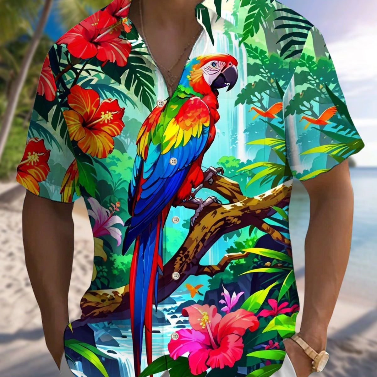 Alohadaddy® Hawaiian Parrot Print Pocket Elastic Button Men's Long Sleeve Shirt Big & Tall