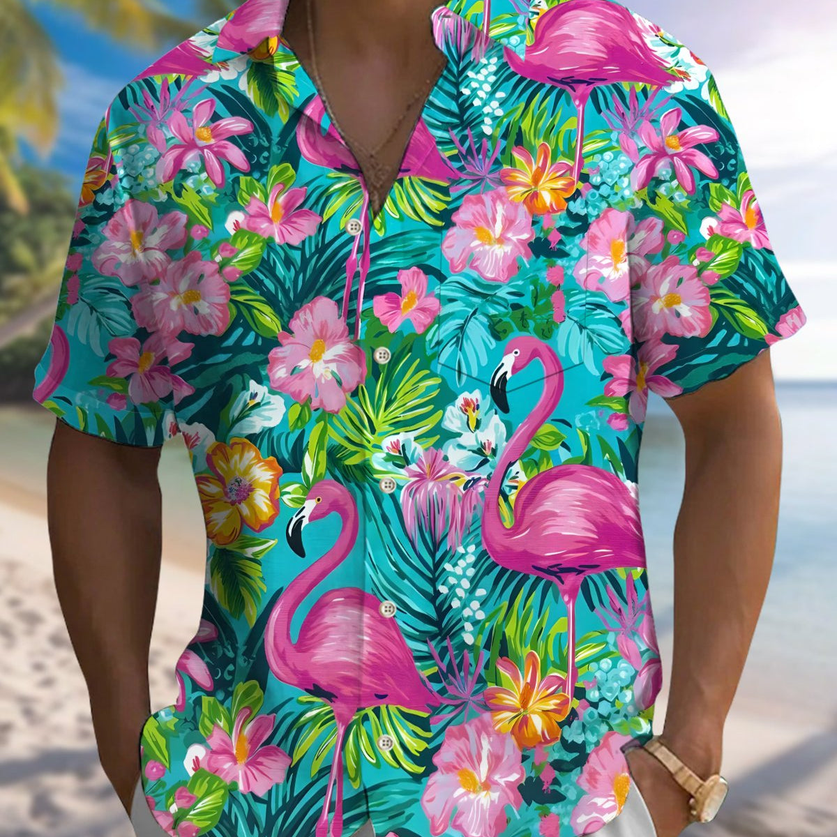 Alohadaddy® Hawaiian Flamingo Print Art Button Pocket Cardigan Men's Short Sleeve Shirt